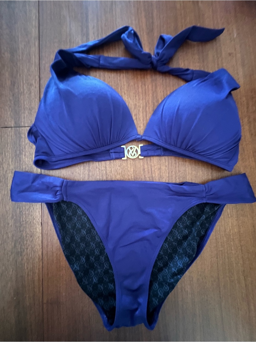 Victoria's Secret Deep Blue Halter Bikini with Gold Accent